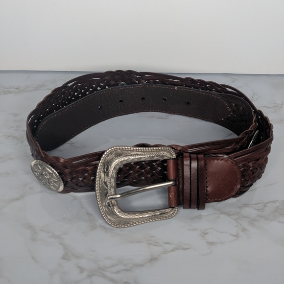 American Eagle Outfitters Accessories - AE Leather Brown Weave Boho Silver Medallion Belt